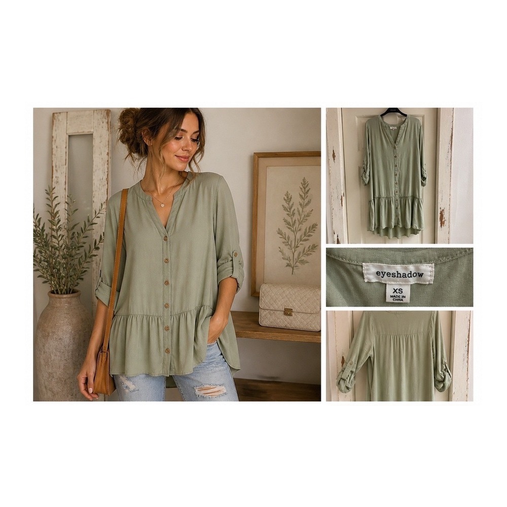 Eyeshadow Olive Green Boho Tunic Blouse Button Down Flowy XS